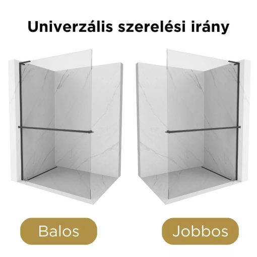 HD Arlo+ "L" Black Walk-In zuhanyfal, 100x200 cm, 8 mm vastag vízlepergető biztonsági üveggel, 200 cm magas, fekete profillal és "L" stabilizátorral