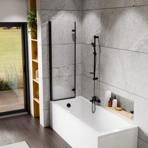 HD Axel Black 100x150 összecsukható 2 szárnyú kádparaván 6 mm vastag vízlepergető biztonsági üveggel, fekete elemekkel