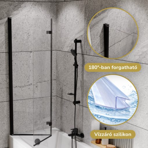 HD Axel Black 100x150 összecsukható 2 szárnyú kádparaván 6 mm vastag vízlepergető biztonsági üveggel, fekete elemekkel