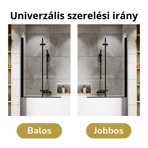 HD Axel Black 100x150 összecsukható 2 szárnyú kádparaván 6 mm vastag vízlepergető biztonsági üveggel, fekete elemekkel