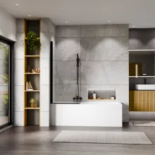 HD Axel Black 70x150 kihajtható 1 szárnyú kádparaván 6 mm vastag vízlepergető biztonsági üveggel, fekete elemekkel