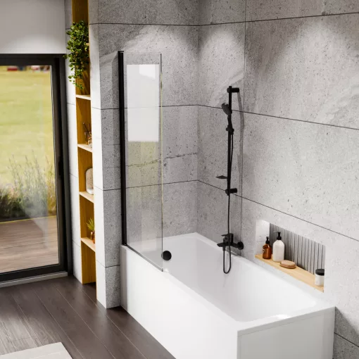 HD Axel Black 70x150 kihajtható 1 szárnyú kádparaván 6 mm vastag vízlepergető biztonsági üveggel, fekete elemekkel