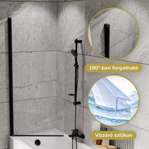 HD Axel Black 70x150 kihajtható 1 szárnyú kádparaván 6 mm vastag vízlepergető biztonsági üveggel, fekete elemekkel