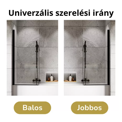 HD Axel Black 70x150 kihajtható 1 szárnyú kádparaván 6 mm vastag vízlepergető biztonsági üveggel, fekete elemekkel