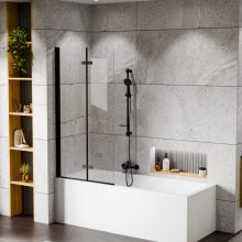 HD Axel Black 80x150 összecsukható 2 szárnyú kádparaván 6 mm vastag vízlepergető biztonsági üveggel, fekete elemekkel