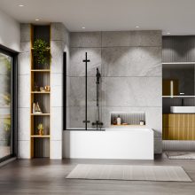 HD Axel Black 80x150 összecsukható 2 szárnyú kádparaván 6 mm vastag vízlepergető biztonsági üveggel, fekete elemekkel