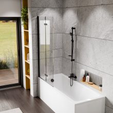 HD Axel Black 80x150 összecsukható 2 szárnyú kádparaván 6 mm vastag vízlepergető biztonsági üveggel, fekete elemekkel