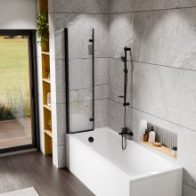 HD Axel Black 80x150 összecsukható 2 szárnyú kádparaván 6 mm vastag vízlepergető biztonsági üveggel, fekete elemekkel