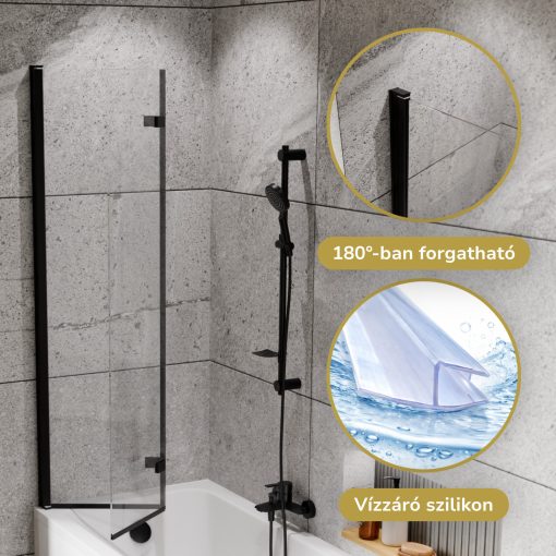 HD Axel Black 80x150 összecsukható 2 szárnyú kádparaván 6 mm vastag vízlepergető biztonsági üveggel, fekete elemekkel
