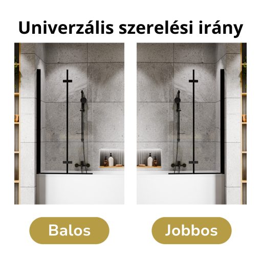 HD Axel Black 80x150 összecsukható 2 szárnyú kádparaván 6 mm vastag vízlepergető biztonsági üveggel, fekete elemekkel