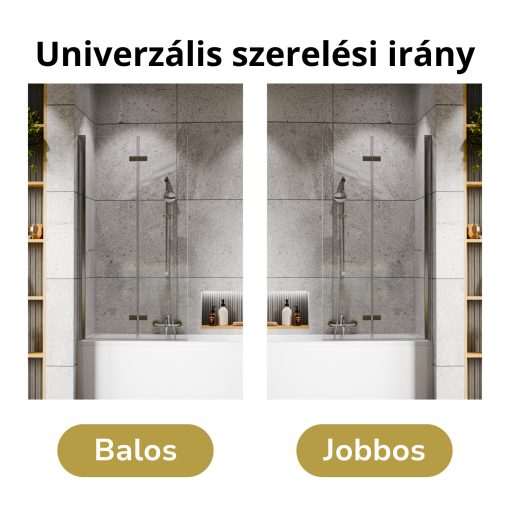 HD Axel Chrome 80x150 összecsukható 2 szárnyú kádparaván 6 mm vastag vízlepergető biztonsági üveggel, krómozott elemekkel