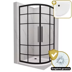   HD Dior+ Black 80x80 íves két tolóajtós zuhanykabin fehér slim zuhanytálcával és fekete szifonnal, fekete elemekkel, 190 cm magas