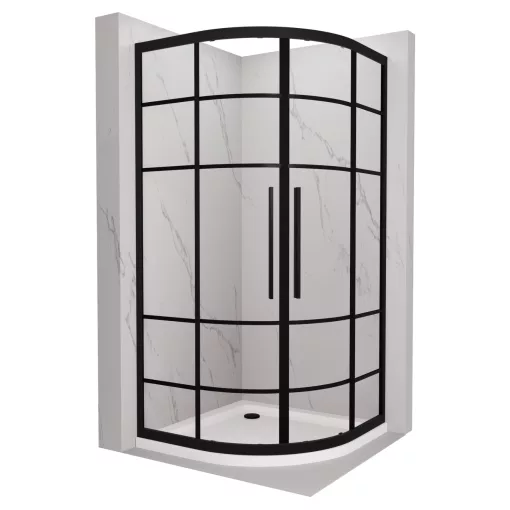 HD Dior+ Black 80x80 íves két tolóajtós zuhanykabin fehér slim zuhanytálcával és fekete szifonnal, fekete elemekkel, 190 cm magas