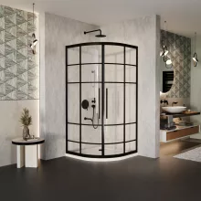 HD Dior+ Black 80x80 íves két tolóajtós zuhanykabin fehér slim zuhanytálcával és fekete szifonnal, fekete elemekkel, 190 cm magas