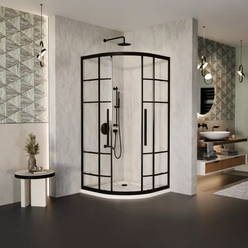 HD Dior+ Black 80x80 íves két tolóajtós zuhanykabin fehér slim zuhanytálcával és fekete szifonnal, fekete elemekkel, 190 cm magas