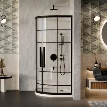 HD Dior+ Black 80x80 íves két tolóajtós zuhanykabin fehér slim zuhanytálcával és fekete szifonnal, fekete elemekkel, 190 cm magas