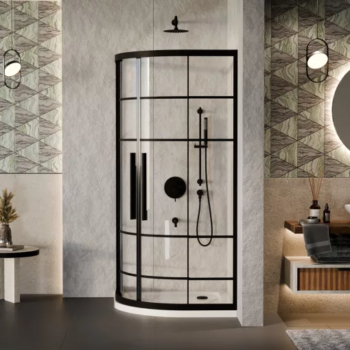 HD Dior+ Black 80x80 íves két tolóajtós zuhanykabin fehér slim zuhanytálcával és fekete szifonnal, fekete elemekkel, 190 cm magas