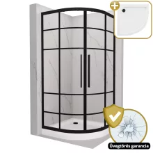 HD Dior+ Black 80x80 íves két tolóajtós zuhanykabin fehér magas zuhanytálcával és fekete szifonnal, fekete elemekkel, 190 cm magas