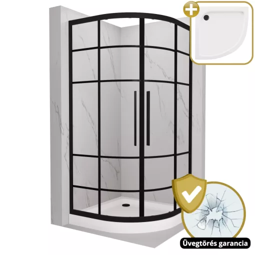 HD Dior+ Black 80x80 íves két tolóajtós zuhanykabin fehér magas zuhanytálcával és fekete szifonnal, fekete elemekkel, 190 cm magas