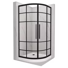 HD Dior+ Black 80x80 íves két tolóajtós zuhanykabin fehér magas zuhanytálcával és fekete szifonnal, fekete elemekkel, 190 cm magas
