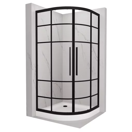 HD Dior+ Black 80x80 íves két tolóajtós zuhanykabin fehér magas zuhanytálcával és fekete szifonnal, fekete elemekkel, 190 cm magas