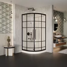 HD Dior+ Black 80x80 íves két tolóajtós zuhanykabin fehér magas zuhanytálcával és fekete szifonnal, fekete elemekkel, 190 cm magas