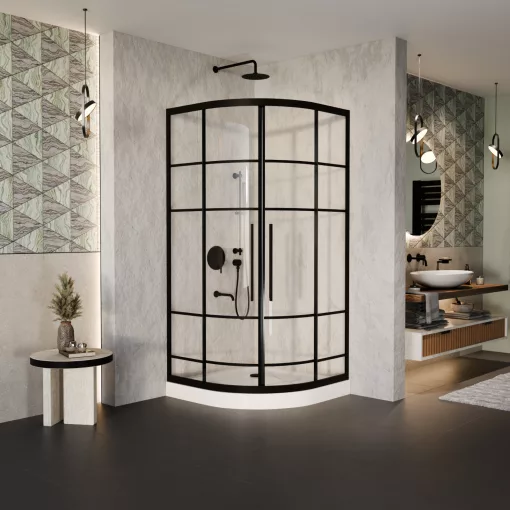 HD Dior+ Black 80x80 íves két tolóajtós zuhanykabin fehér magas zuhanytálcával és fekete szifonnal, fekete elemekkel, 190 cm magas