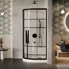 HD Dior+ Black 80x80 íves két tolóajtós zuhanykabin fehér magas zuhanytálcával és fekete szifonnal, fekete elemekkel, 190 cm magas