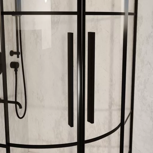 HD Dior+ Black 80x80 íves két tolóajtós zuhanykabin fehér magas zuhanytálcával és fekete szifonnal, fekete elemekkel, 190 cm magas