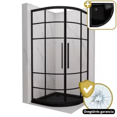   HD Dior+ Black 80x80 íves két tolóajtós zuhanykabin fekete slim zuhanytálcával és fekete szifonnal, fekete elemekkel, 190 cm magas