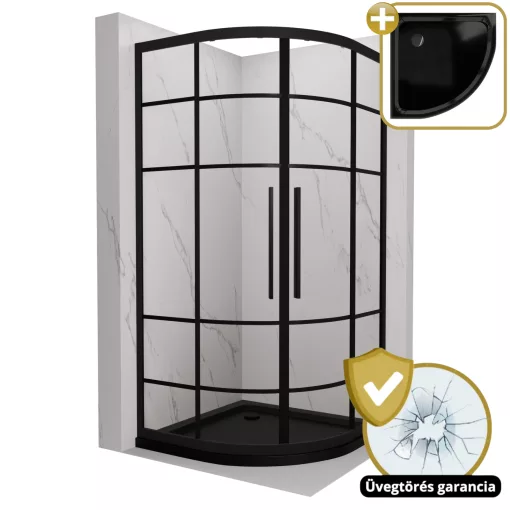 HD Dior+ Black 80x80 íves két tolóajtós zuhanykabin fekete slim zuhanytálcával és fekete szifonnal, fekete elemekkel, 190 cm magas