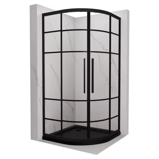 HD Dior+ Black 80x80 íves két tolóajtós zuhanykabin fekete slim zuhanytálcával és fekete szifonnal, fekete elemekkel, 190 cm magas