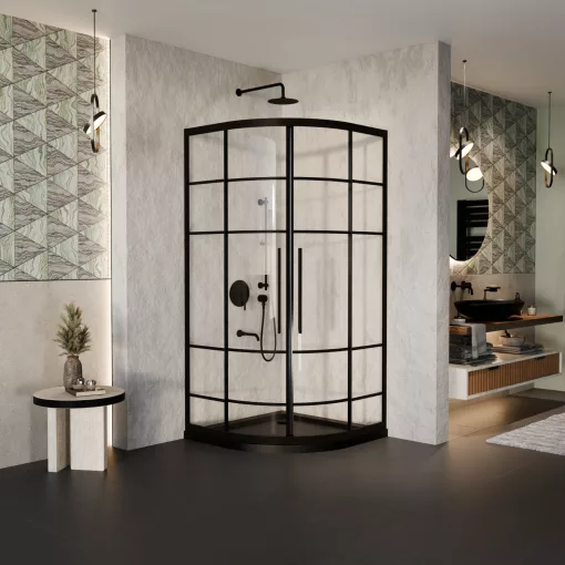 HD Dior+ Black 80x80 íves két tolóajtós zuhanykabin fekete slim zuhanytálcával és fekete szifonnal, fekete elemekkel, 190 cm magas