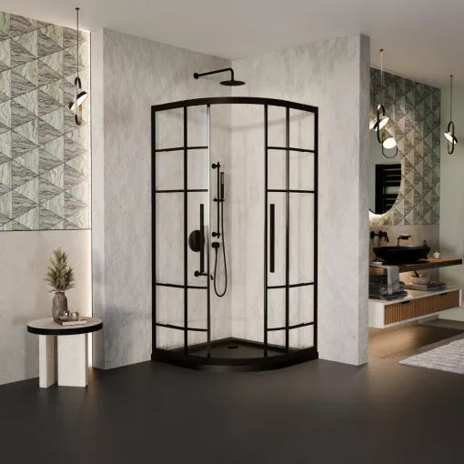 HD Dior+ Black 80x80 íves két tolóajtós zuhanykabin fekete slim zuhanytálcával és fekete szifonnal, fekete elemekkel, 190 cm magas