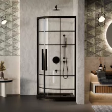 HD Dior+ Black 80x80 íves két tolóajtós zuhanykabin fekete slim zuhanytálcával és fekete szifonnal, fekete elemekkel, 190 cm magas