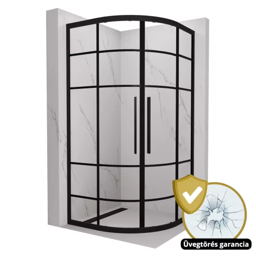 HD Dior+ Black 90x90 íves két tolóajtós zuhanykabin 6 mm vastag vízlepergető biztonsági üveggel, fekete elemekkel, 190 cm magas