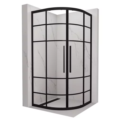 HD Dior+ Black 90x90 íves két tolóajtós zuhanykabin 6 mm vastag vízlepergető biztonsági üveggel, fekete elemekkel, 190 cm magas