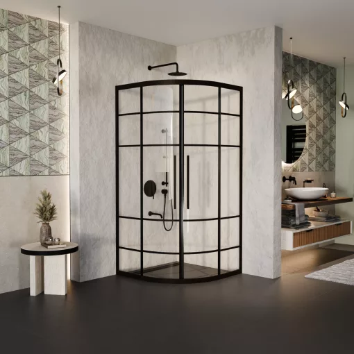 HD Dior+ Black 90x90 íves két tolóajtós zuhanykabin 6 mm vastag vízlepergető biztonsági üveggel, fekete elemekkel, 190 cm magas