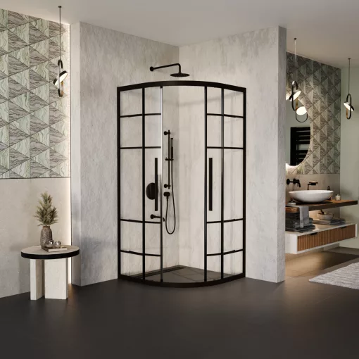 HD Dior+ Black 90x90 íves két tolóajtós zuhanykabin 6 mm vastag vízlepergető biztonsági üveggel, fekete elemekkel, 190 cm magas