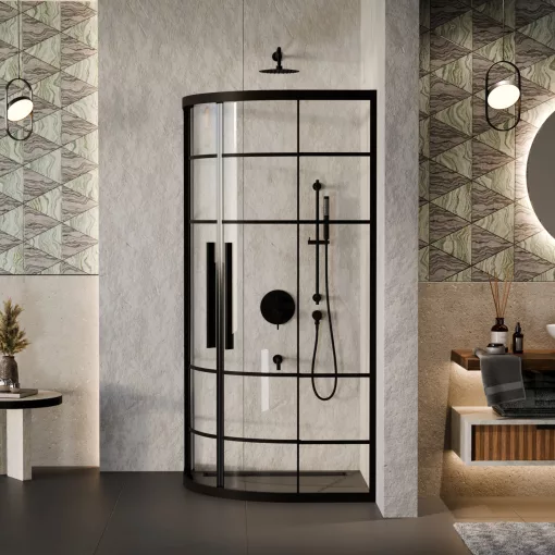 HD Dior+ Black 90x90 íves két tolóajtós zuhanykabin 6 mm vastag vízlepergető biztonsági üveggel, fekete elemekkel, 190 cm magas