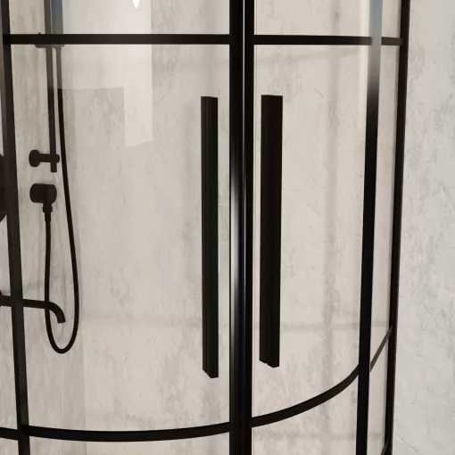 HD Dior+ Black 90x90 íves két tolóajtós zuhanykabin 6 mm vastag vízlepergető biztonsági üveggel, fekete elemekkel, 190 cm magas