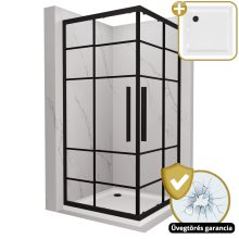 HD Dior+ Black 100x100 szögletes két tolóajtós zuhanykabin fehér slim zuhanytálcával és fekete szifonnal, fekete elemekkel, 190 cm magas
