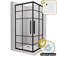   HD Dior+ Black szögletes két tolóajtós zuhanykabin fehér slim zuhanytálcával és fekete szifonnal, fekete elemekkel, 190 cm magas