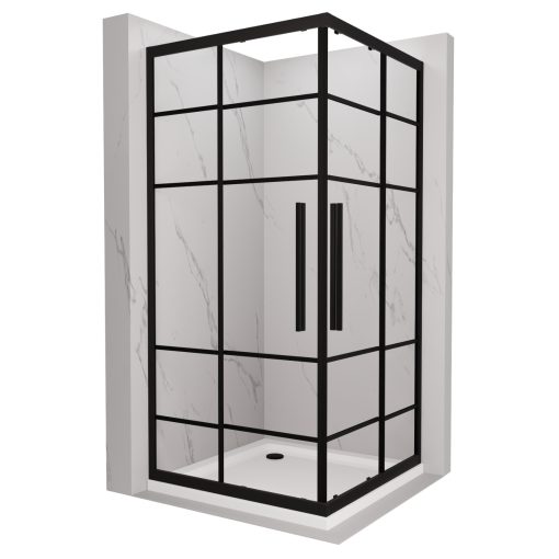 HD Dior+ Black 100x100 szögletes két tolóajtós zuhanykabin fehér slim zuhanytálcával és fekete szifonnal, fekete elemekkel, 190 cm magas
