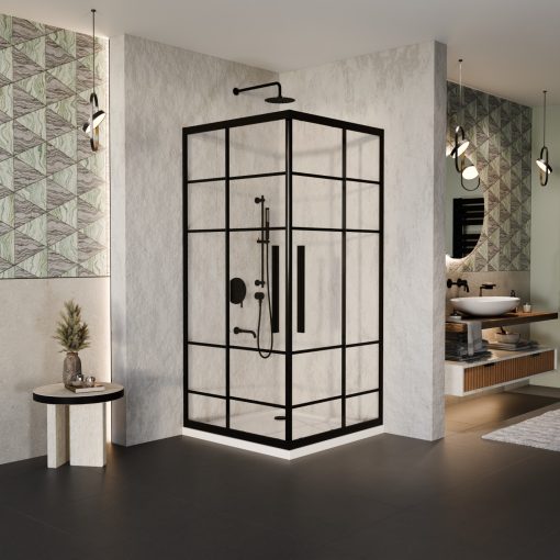 HD Dior+ Black 100x100 szögletes két tolóajtós zuhanykabin fehér slim zuhanytálcával és fekete szifonnal, fekete elemekkel, 190 cm magas