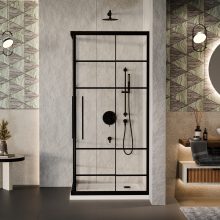 HD Dior+ Black 100x100 szögletes két tolóajtós zuhanykabin fehér slim zuhanytálcával és fekete szifonnal, fekete elemekkel, 190 cm magas