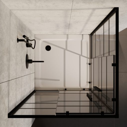 HD Dior+ Black 100x100 szögletes két tolóajtós zuhanykabin fehér slim zuhanytálcával és fekete szifonnal, fekete elemekkel, 190 cm magas