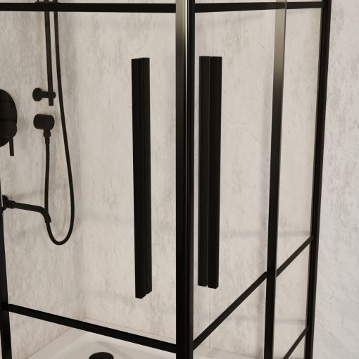 HD Dior+ Black 100x100 szögletes két tolóajtós zuhanykabin fehér slim zuhanytálcával és fekete szifonnal, fekete elemekkel, 190 cm magas