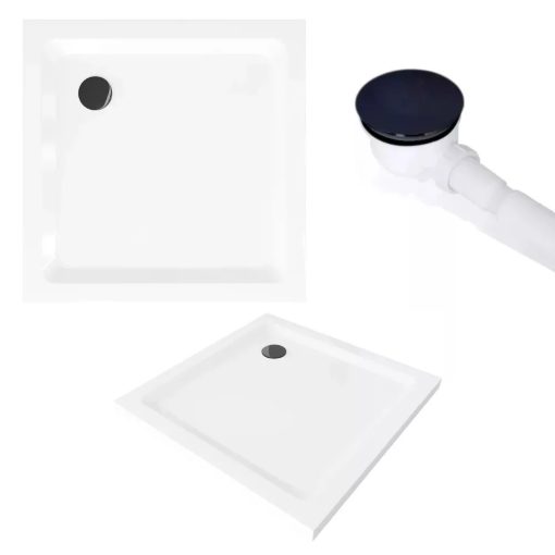 HD Dior+ Black 100x100 szögletes két tolóajtós zuhanykabin fehér slim zuhanytálcával és fekete szifonnal, fekete elemekkel, 190 cm magas