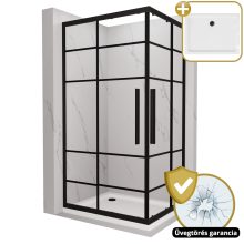 HD Dior+ Black aszimmetrikus szögletes két tolóajtós zuhanykabin fehér slim zuhanytálcával és fekete szifonnal, fekete elemekkel, 190 cm magas